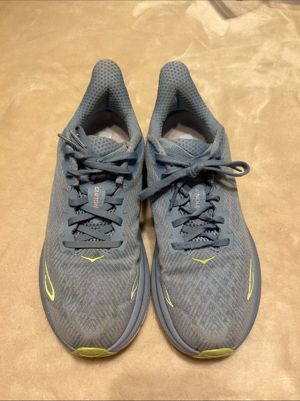 Hoka Men’s Gray Athletic Running Shoes with Lime Accents
